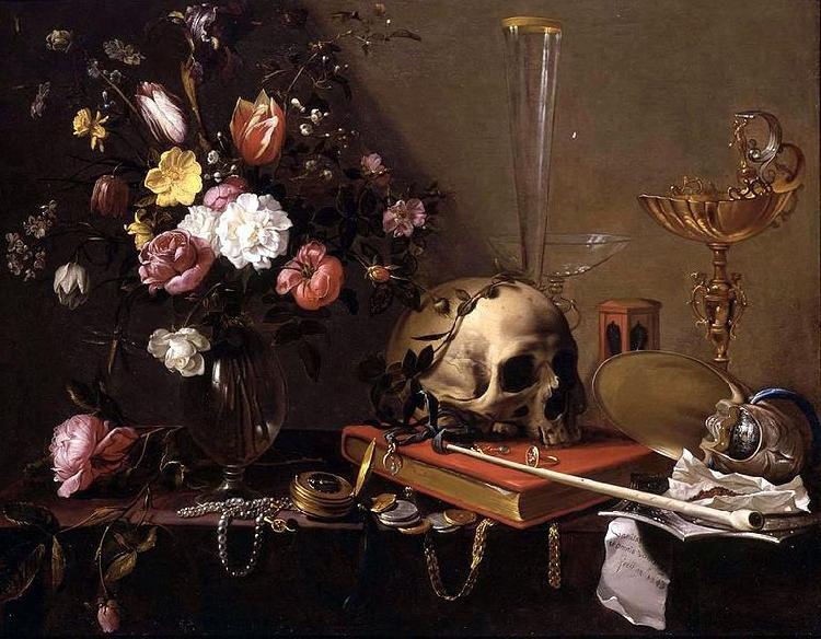 Adriaen Van Utrecht Vanitas - Still Life with Bouquet and Skull oil painting image